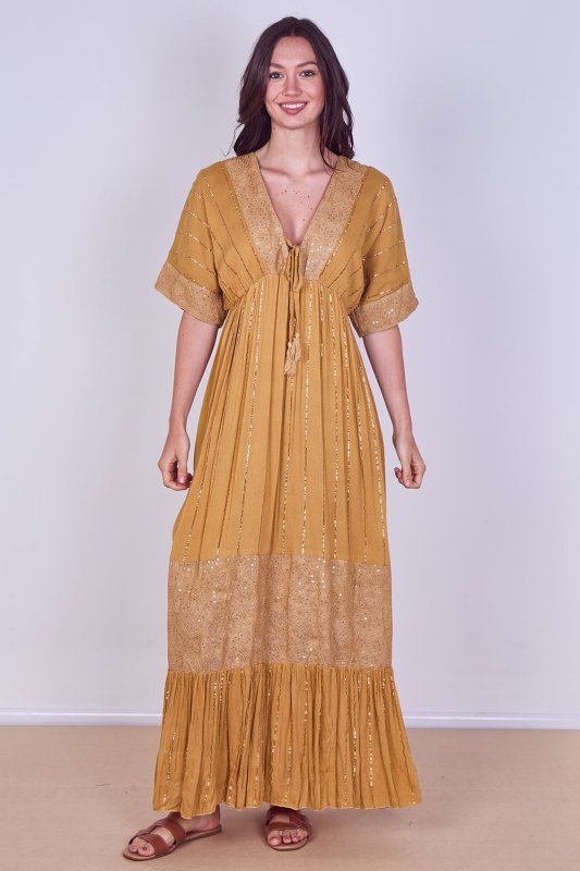 Boho Sequin Swirl Embroidered Maxi Dress - Dresses - British D'sire