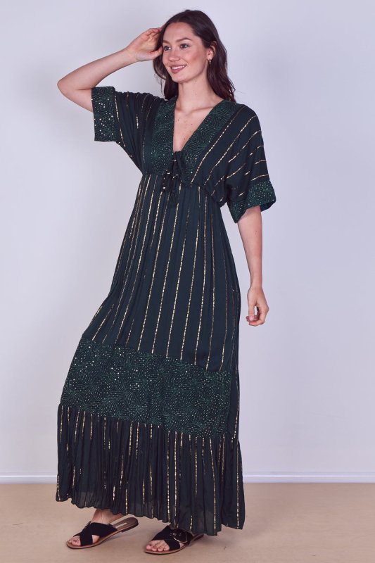 Boho Sequin Swirl Embroidered Maxi Dress - Dresses - British D'sire