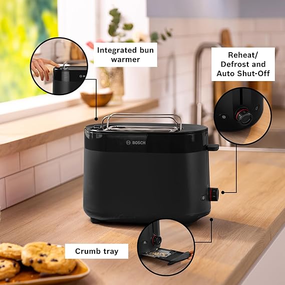 Bosch MyMoment Delight TAT2M123GB - Compact 2-Slice Toaster with Reheat/Defrost, Integrated Bun Warmer, Auto Shut-Off, High Lift and Crumb Tray, in Matte Black Secondary image