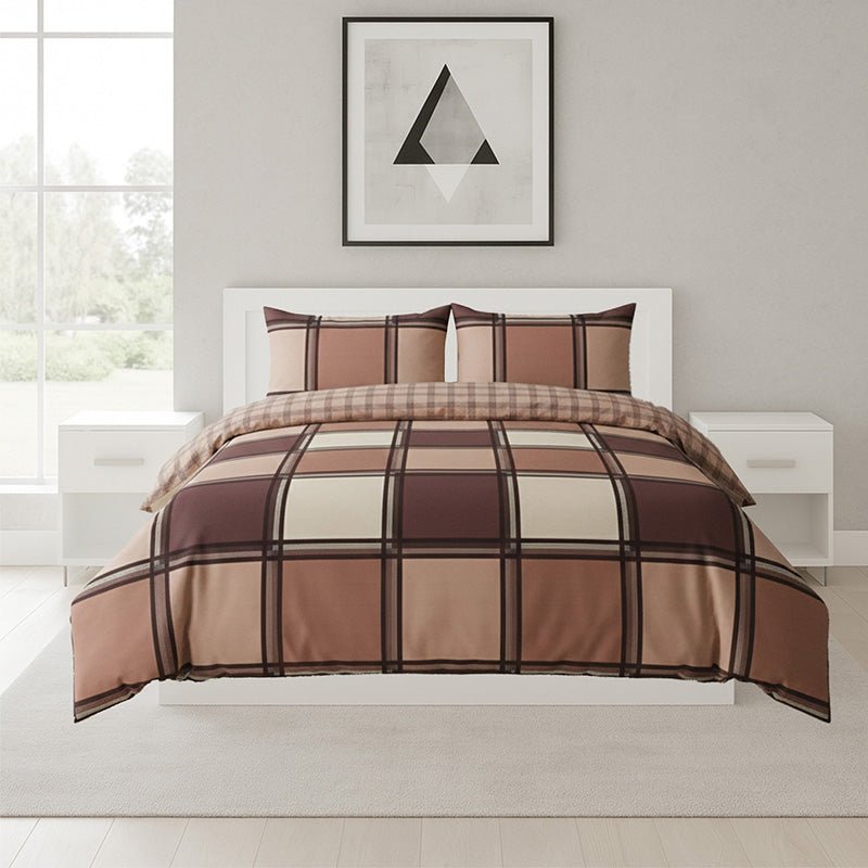 Box Print Duvet Cover Set Contemporary Square Pattern Bedding - Double - Chocolate - British D'sire