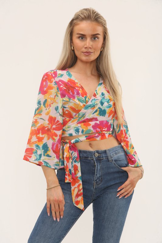Bright Floral Wrap Crop Top - Top - British D'sire