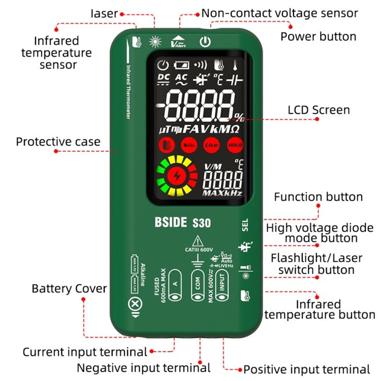 BSIDE S30 Smart Color Screen Infrared Temperature Measurement Multimeter(Red) - British D'sire