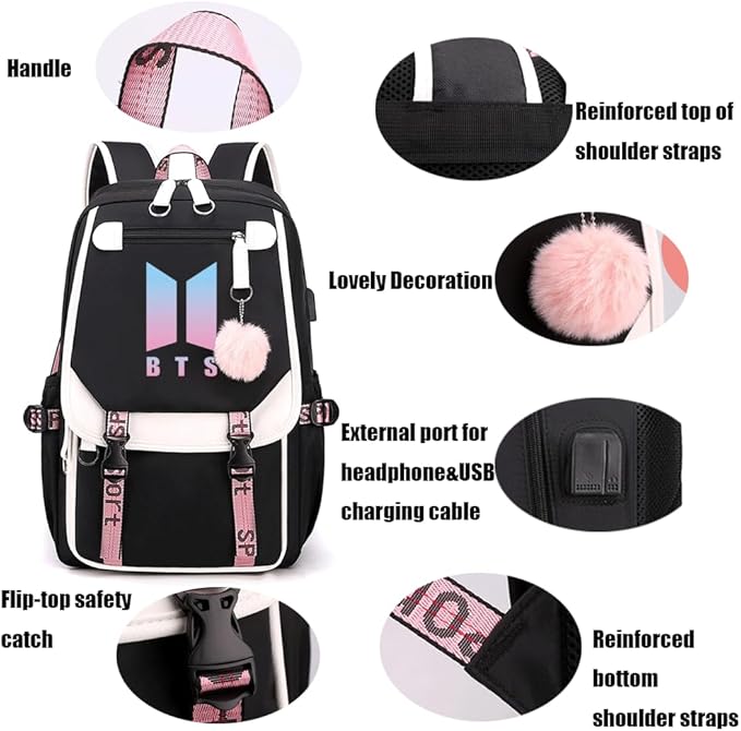 bts laptop backpack YJYK BTS Backpack, Girls Kpop School Bag Students Laptop Backpack for Kids Teenagers Bangtan Boys Fans Gift, Black, 11.8 x 8.26 x 17.7 Inches