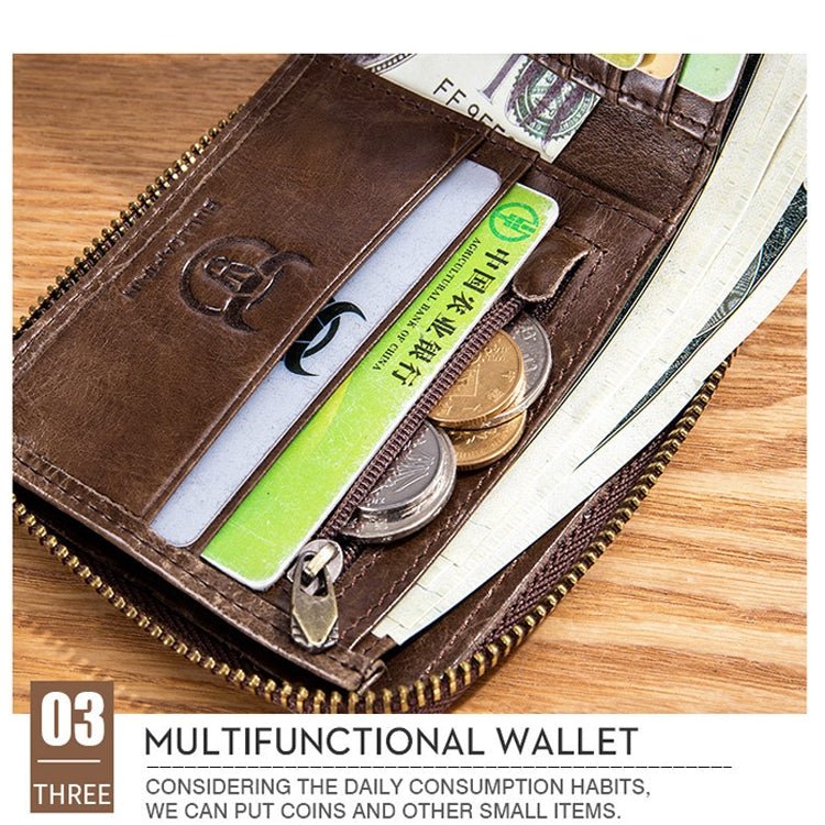BUFF CAPTAIN 231 First Layer Cowhide Zipper Wallet Horizontal Leather Multiple - Card Thicken Album Wallet(Wise Black) - British D'sire