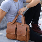 BULL CAPTAIN 042 Men Leather Single - shoulder Messenger Bag Cowhide Handheld Briefcase(Iron Cyan) - British D'sire