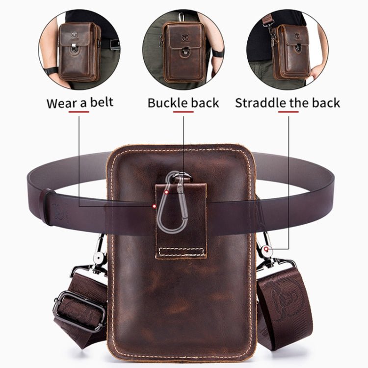 BULL CAPTAIN 075 Men Belt Phone Waist Bag First - Layer Cowhide Multi - Function Diagonal Bag(Black) - British D'sire
