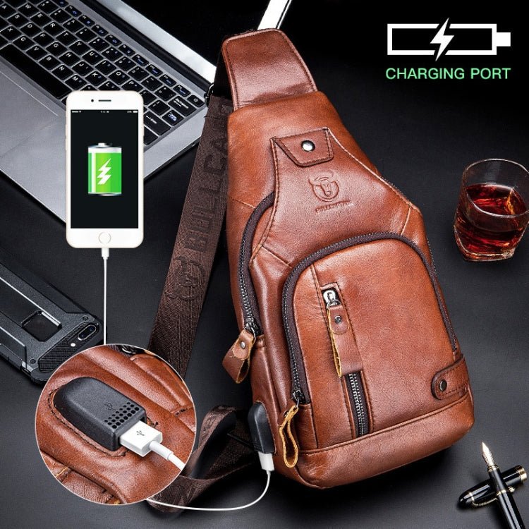 BULL CAPTAIN 129 First - Layer Cowhide Men Soft Chest Bag Outdoor Casual Messenger Bag(Red Brown) - British D'sire