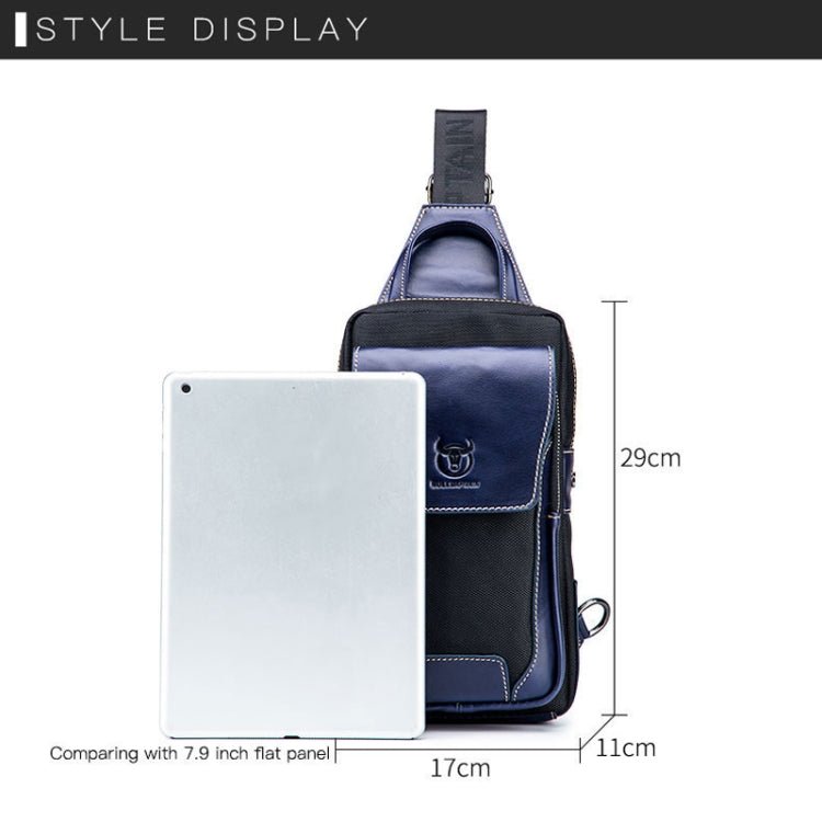 BULL CAPTAIN 9999 Leather Men Chest Bag First - Layer Cowhide Casual Shoulder Bag, Colour: Blue Black - British D'sire