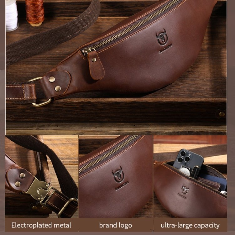 Bull Captain Retro Crazy Horse Leather Men Waist Bag Shoulder Bag Crossbody Bag(Black) - British D'sire