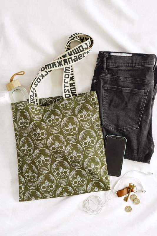 Burnt Olive Green Skull Print Cotton Shopper Tote Bag by Xander Kostroma - Handbags - British D'sire Main image