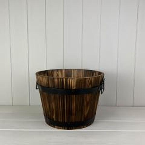 Burntwood Wooden Barrel with metal handles and drainage hole - Home Decor - British D'sire