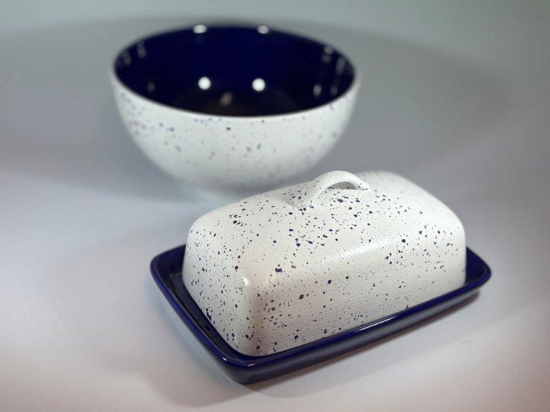 Butter Dish and Fruit Bowl Set - Blue Speckle glaze - Butter Dish Set - British D'sire