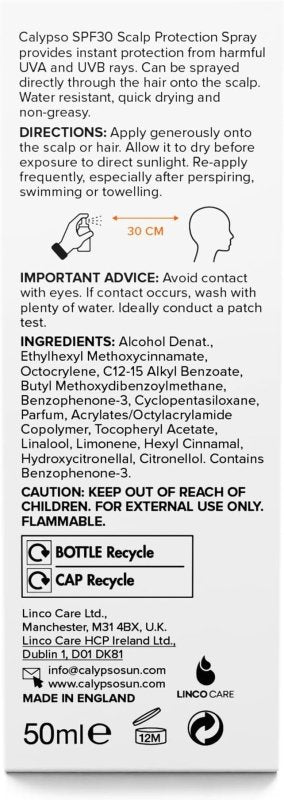 Calypso Hair & Scalp Protection Spray SPF30 Non Greasy High Protection UVA and UVB, 50ml - British D'sire