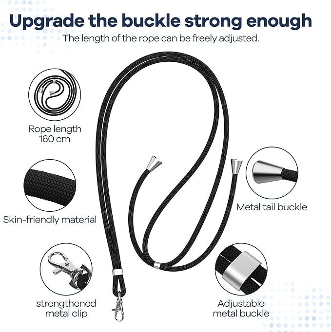 caslord Phone Lanyard, 1.6m Adjustable Universal Phone Strap Crossbody with 2 Durable Patches, Phone Neck Strap Compatible with Most Smartphones and Cases - Black - Lanyards & Wrist Straps - British D'sire