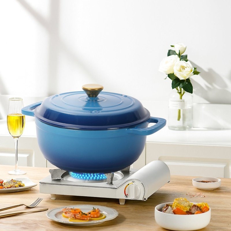 Cast iron 6QT cooking pot - Gradient blue - Includes two silicone gloves - Enamel pot - British D'sire