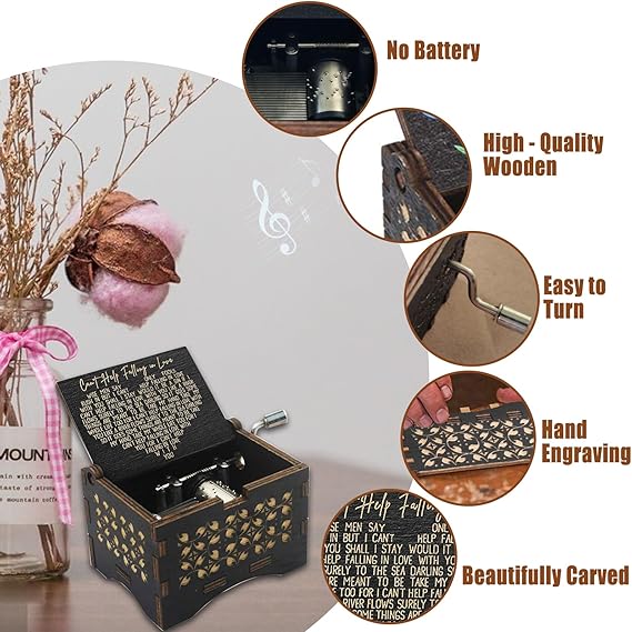 CDIYTOOL Can't Help Falling in Love Music Box, Wooden Vintage Handmade Engraved Music Box Carved Hand Crank Music Boxes Festival Presents for Friends - Home Decor - British D'sire