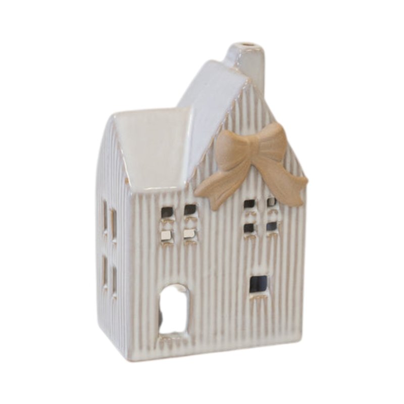 Ceramic Natural Tealight House with Bow Detail Large - Figurines - British D'sire