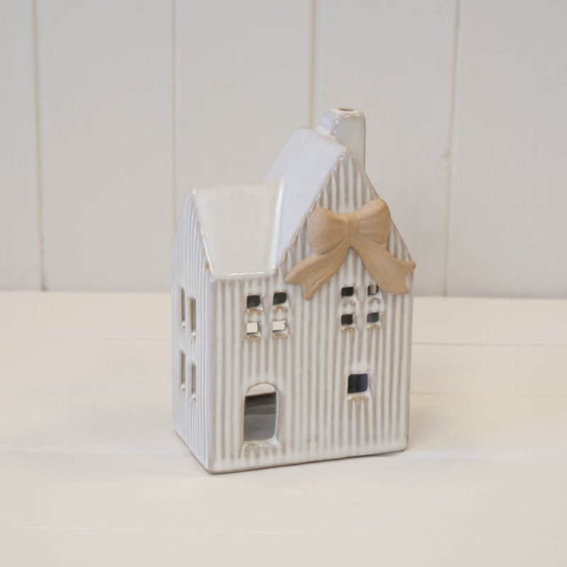 Ceramic Natural Tealight House with Bow Detail Large - Figurines - British D'sire