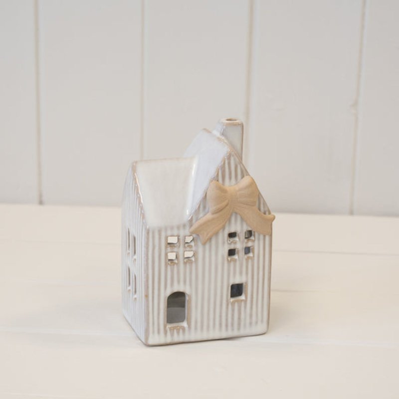 Ceramic Natural Tealight House with Bow Detail Small - Figurines - British D'sire