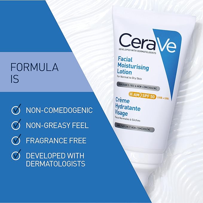 CeraVe AM Facial Moisturising Lotion SPF50 with Ceramides & Vitamin E for Normal to Dry Skin 52ml - British D'sire