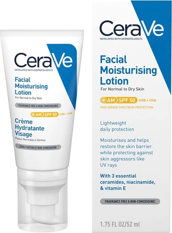 CeraVe AM Facial Moisturising Lotion SPF50 with Ceramides & Vitamin E for Normal to Dry Skin 52ml - British D'sire