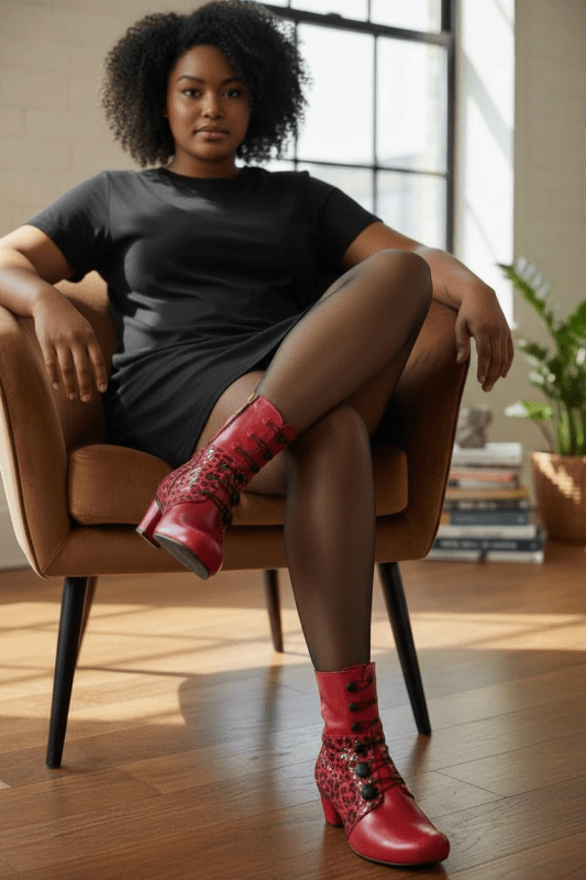 Chateau Noir - Red - leopard Button boot - Boot - British D'sire