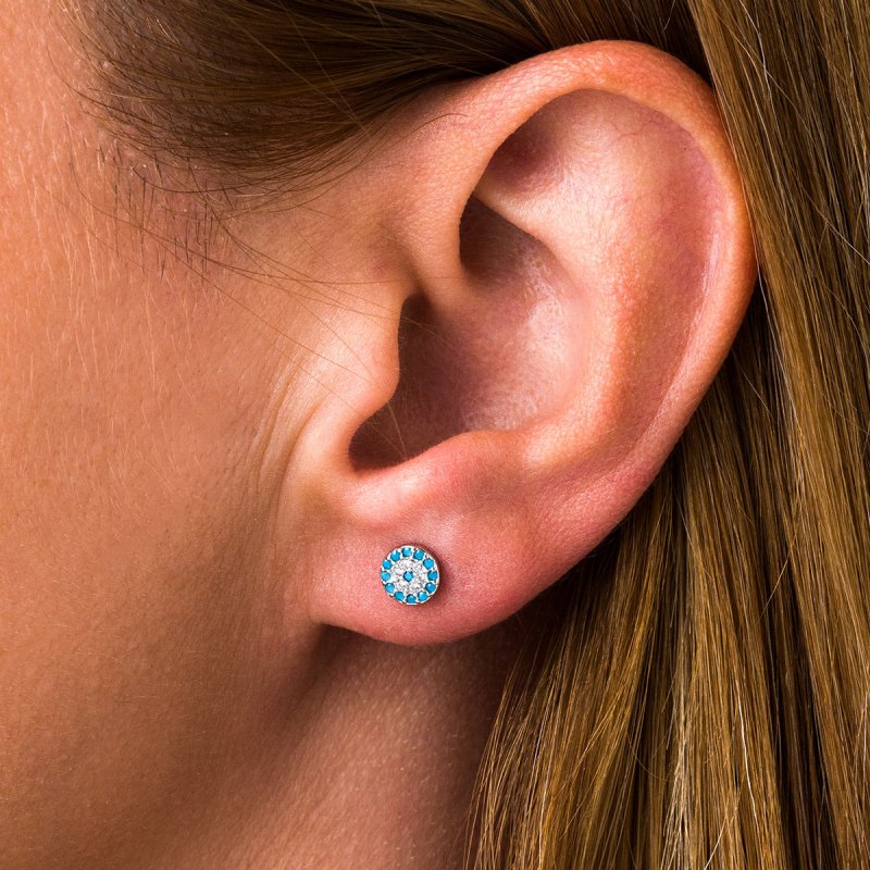 Chic Eye Stud Earrings with Turquoise Zircon by Del Corso - Crafted in 925 Sterling Silver, ultra - lightweight at 0.7 g, elegant unisex design for everyday wear, hypoallergenic and durable, offering style, comfort, and symbolic protection - Stud Earrings - British D'sire