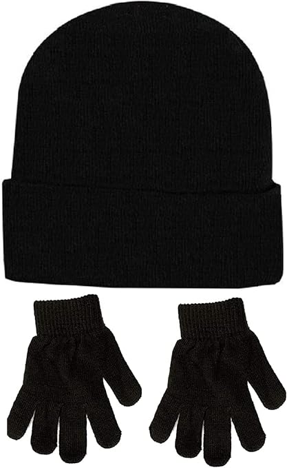Children's Kids Girls Boys Stretchy Thermal Lined Plain Black Hat And Gloves 5 to 10 Yeas Approx Size for Winter Autumn - Kids Beanie & Hat - British D'sire