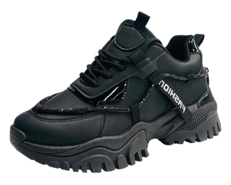 Chunky Sole Diamante Lace Up Faux Leather Trainers - Trainers - British D'sire
