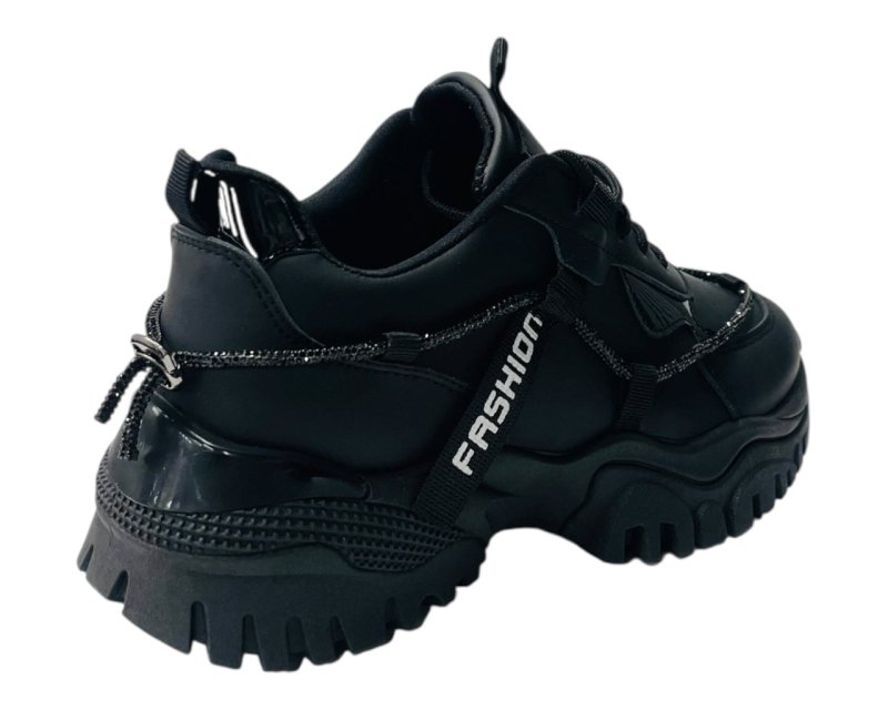 Chunky Sole Diamante Lace Up Faux Leather Trainers - Trainers - British D'sire