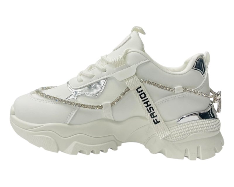 Chunky Sole Diamante Lace Up Faux Leather Trainers - Trainers - British D'sire