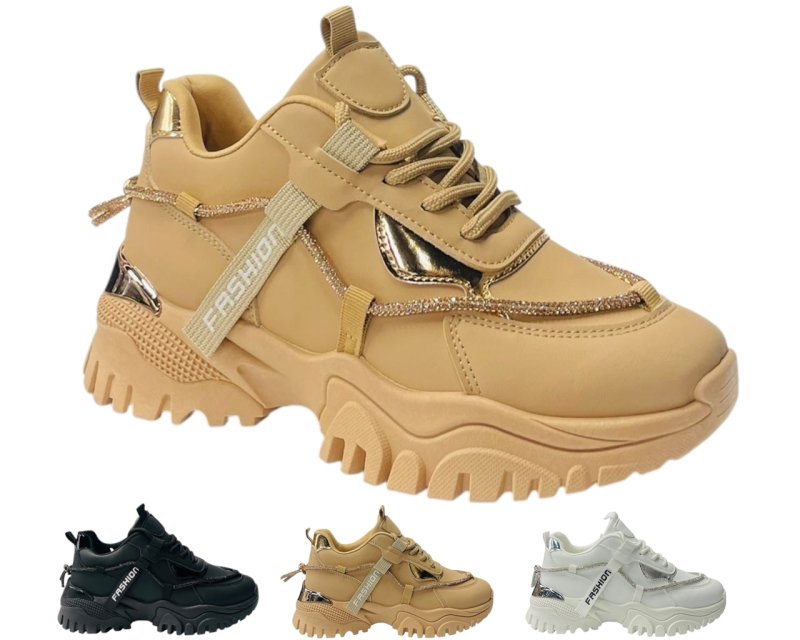 Chunky Sole Diamante Lace Up Faux Leather Trainers - Trainers - British D'sire