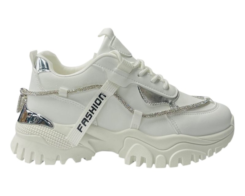 Chunky Sole Diamante Lace Up Faux Leather Trainers - Trainers - British D'sire