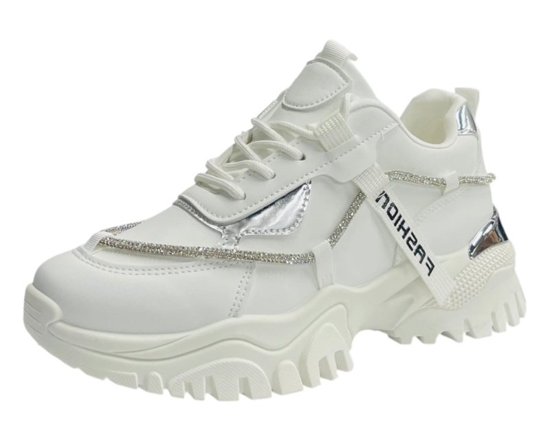 Chunky Sole Diamante Lace Up Faux Leather Trainers - Trainers - British D'sire
