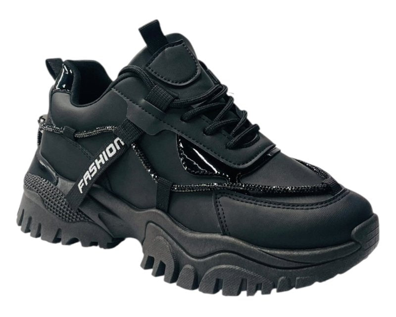 Chunky Sole Diamante Lace Up Faux Leather Trainers - Trainers - British D'sire