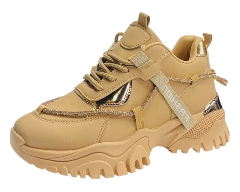Chunky Sole Diamante Lace Up Faux Leather Trainers - Trainers - British D'sire