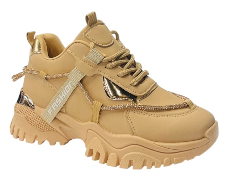 Chunky Sole Diamante Lace Up Faux Leather Trainers - Trainers - British D'sire