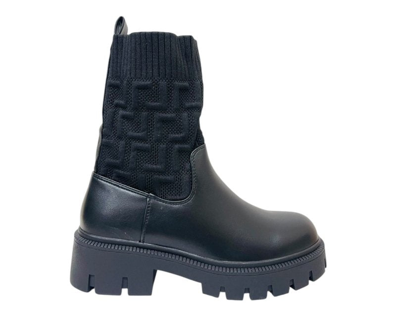 Chunky Sole Faux Leather Knitted Ankle Boots - Boots - British D'sire