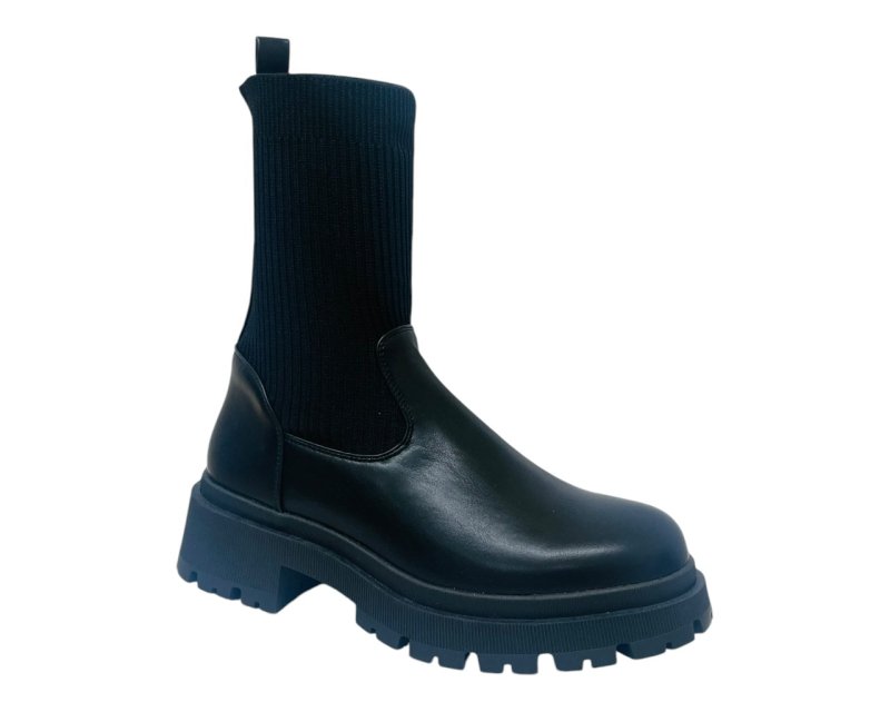 Chunky Sole Faux Leather Knitted Ankle Boots - Boots - British D'sire