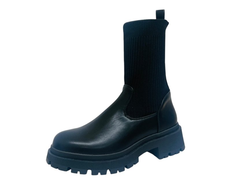 Chunky Sole Faux Leather Knitted Ankle Boots - Boots - British D'sire