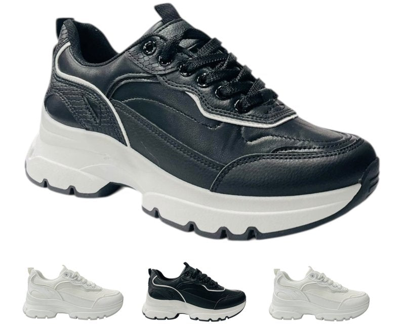 Chunky Sole Faux Leather Lace Up Trainers - Trainers - British D'sire Main image