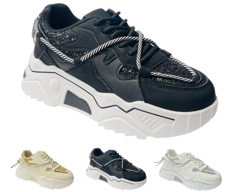 Chunky Sole Glitter Lace Up Trainers - Trainers - British D'sire Main image