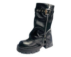 Chunky Sole Mid Calf Zip Fold Over Biker Boots - Boots - British D'sire
