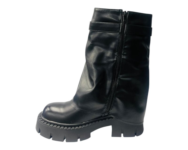 Chunky Sole Mid Calf Zip Fold Over Biker Boots - Boots - British D'sire