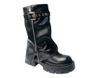 Chunky Sole Mid Calf Zip Fold Over Biker Boots - Boots - British D'sire