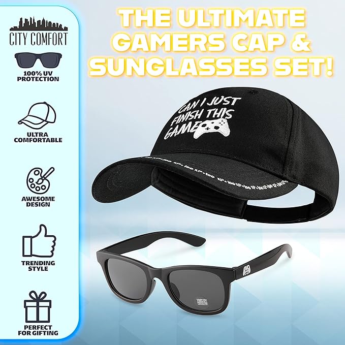 CityComfort Baseball Cap and Kids Sunglasses Set 100% UV Protection, Gamer Boys Hat Boys Summer Accessories Gaming Gifts Black - British D'sire