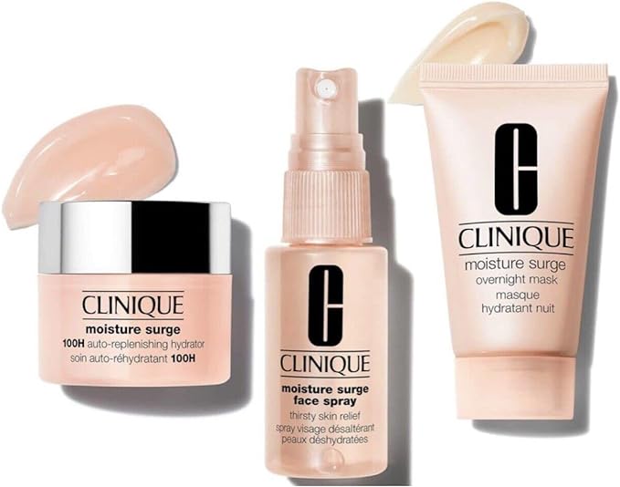Clinique Moisture Surge Skincare Set, 100H Auto-Replenishing Hydrator 15 ml + Face Spray Thirsty Skin Relief 30 ml + Overnight Mask 30 ml - British D'sire Main image