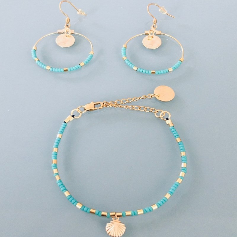 Clover Women's Shell Adornment Bracelet and Creoles in Pearls With 24K Gold Plated | Golden Bracelet | Shell bracelet | Gift Jewelry | Gift Idea | Shell Jewelry | Jewelry Set Secondary image