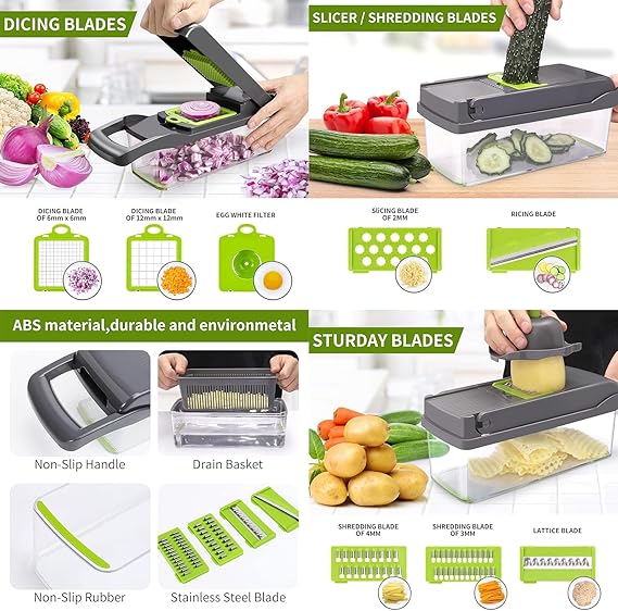 Connoisseur 16 - in - 1 Vegetable Chopper with 1.2L Container & Draining Basket | Multifunctional Mandoline Slicer for Veggies, Onions, Garlic, Potatoes & Salads | Grey Kitchen Tool for Convenient Food Prep & Precision Cutting - Vegetable Chopper - British D'sire