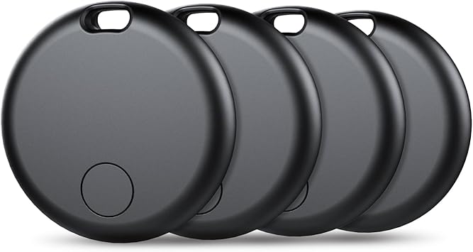 Connoisseur Bluetooth Air Tag Tracker - 4 Pack | Compatible with Apple Find My App (iOS Only) | Replaceable Battery | IP67 Waterproof Item Finder for Luggage, Bags, Wallets, Keys, Backpacks, Cars | Durable and Compact Design for Everyday Use | Black - Bluetooth Air Tag Tracker - British D'sire
